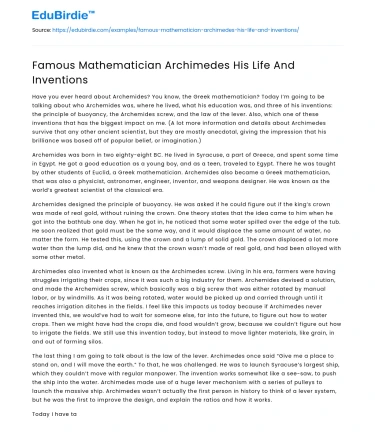 Famous Mathematician Archimedes His Life And Inventions