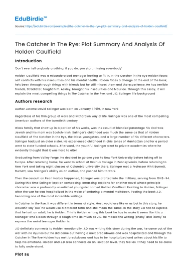 The Catcher In The Rye: Plot Summary And Analysis Of Holden Caulfield