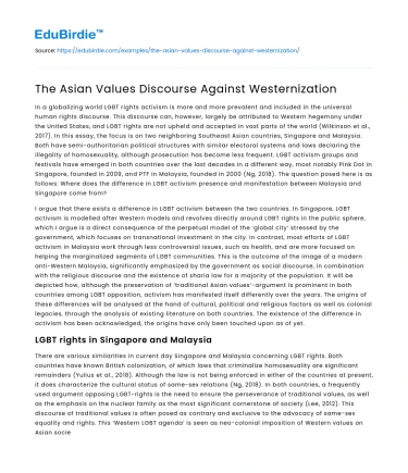 The Asian Values Discourse Against Westernization