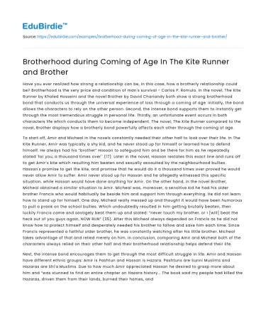 Brotherhood during Coming of Age In The Kite Runner and Brother