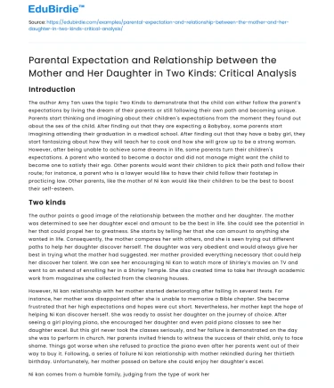 Mother-Daughter Relationship in Two Kinds: A Critical Analysis