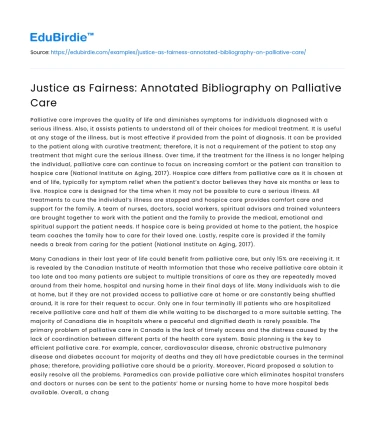 Justice as Fairness: Annotated Bibliography on Palliative Care
