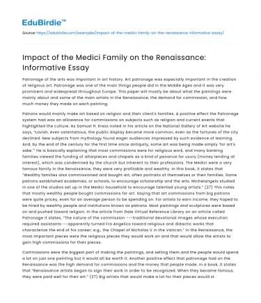 Impact of the Medici Family on the Renaissance: Informative Essay