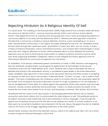 Rejecting Hinduism As A Religious Identity Of Self