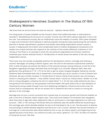 Shakespeare’s Heroines: Dualism In The Status Of 16th Century Women