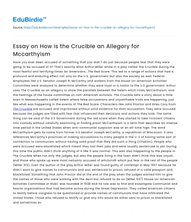 Essay on How Is the Crucible an Allegory for Mccarthyism