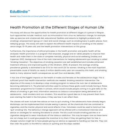 Health Promotion at the Different Stages of Human Life