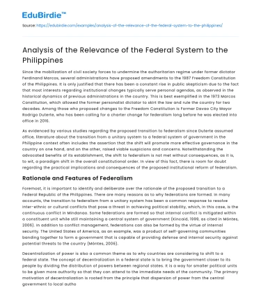 Analysis of the Relevance of the Federal System to the Philippines