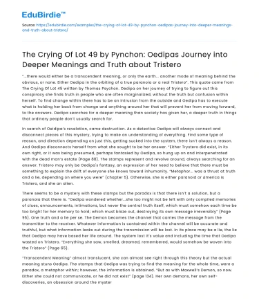 Pynchon’s The Crying of Lot 49: Oedipa’s Journey into Truth