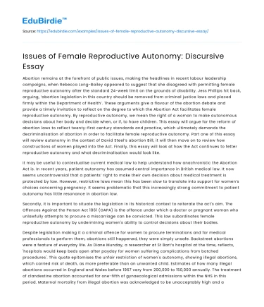 Issues of Female Reproductive Autonomy: Discursive Essay