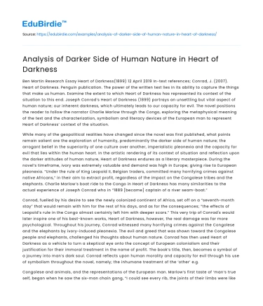 Analysis of Darker Side of Human Nature in Heart of Darkness