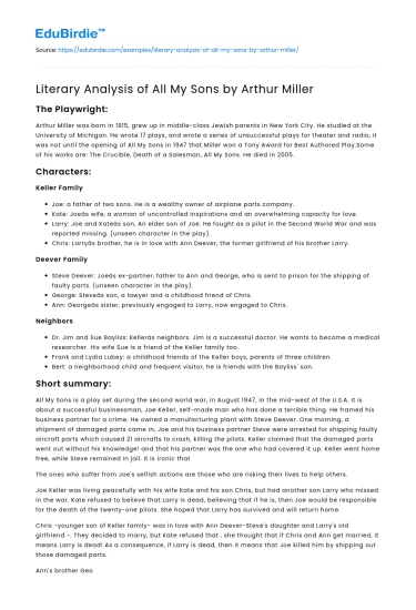 Literary Analysis of All My Sons by Arthur Miller