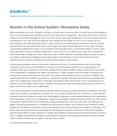 Racism in the School System: Persuasive Essay