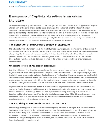 Emergence of Captivity Narratives in American Literature