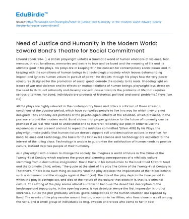 Edward Bond’s Theatre: Justice and Humanity in Modern World