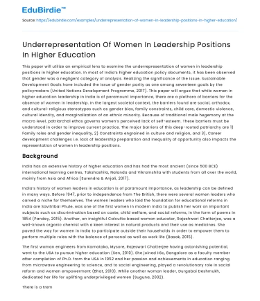 Underrepresentation Of Women In Leadership Positions In Higher Education
