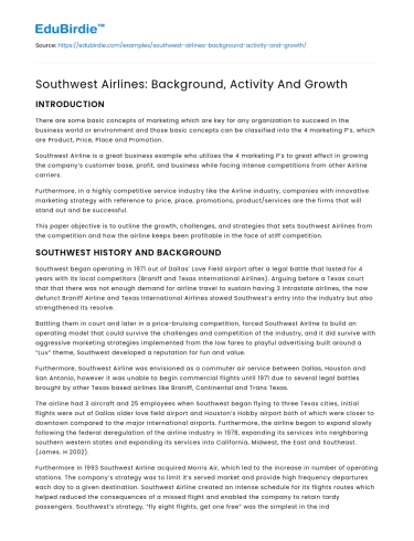 Southwest Airlines: Background, Activity And Growth