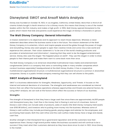 Disneyland: SWOT and Ansoff Matrix Analysis