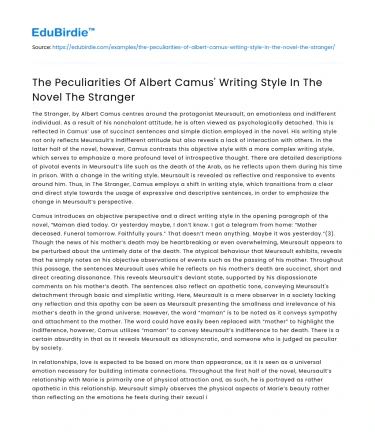The Peculiarities Of Albert Camus’ Writing Style In The Novel The Stranger