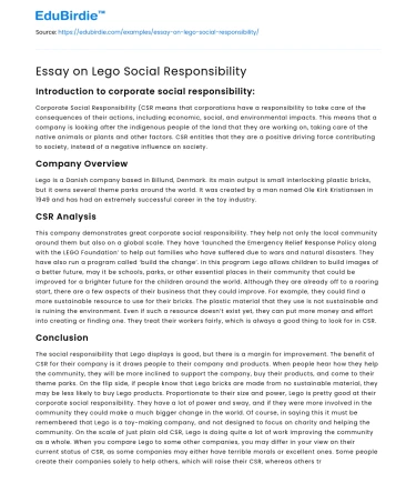 Essay on Lego Social Responsibility