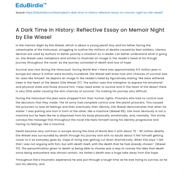 A Dark Time In History on Memoir Night by Elie Wiesel
