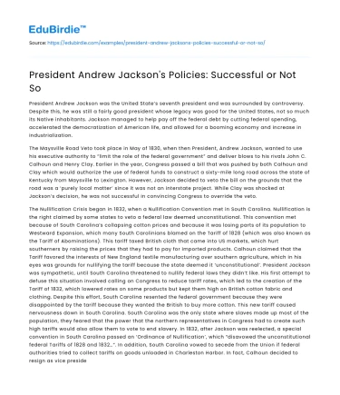 President Andrew Jackson’s Policies: Successful or Not So