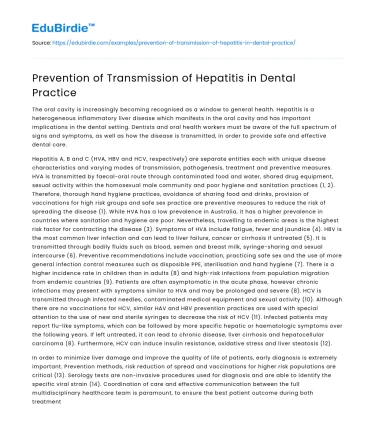 Prevention of Transmission of Hepatitis in Dental Practice