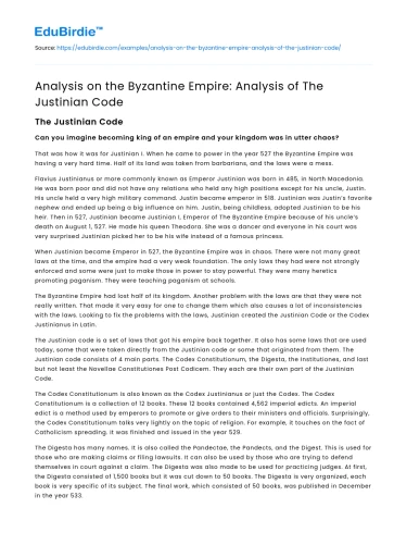 Analysis on the Byzantine Empire: Analysis of The Justinian Code