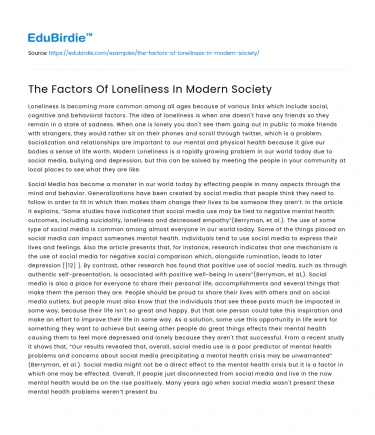 The Factors Of Loneliness In Modern Society
