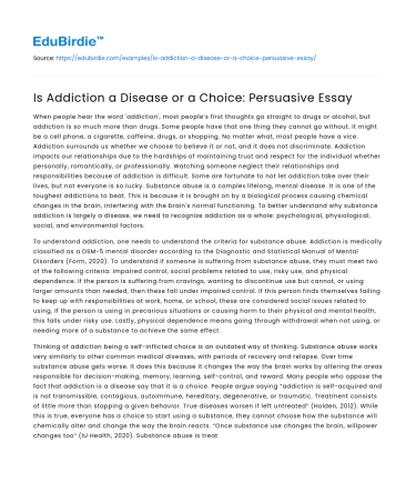 Is Addiction a Disease or a Choice: Persuasive Essay