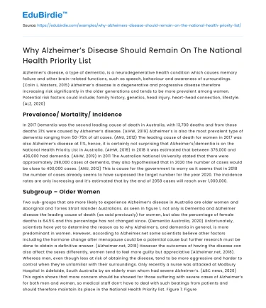 Why Alzheimer’s Disease Should Remain On The National Health Priority List