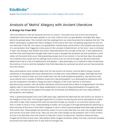 Analysis of ‘Matrix’ Allegory with Ancient Literature