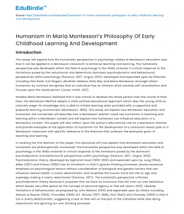 Humanism in Montessori’s Early Childhood Learning