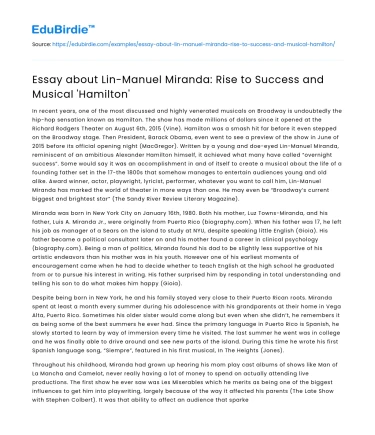 Essay about Lin-Manuel Miranda: Rise to Success and Musical ‘Hamilton’