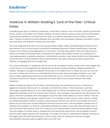 Violence in William Golding’s ‘Lord of the Flies’: Critical Essay