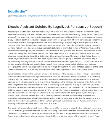 Should Assisted Suicide Be Legalized: Persuasive Speech