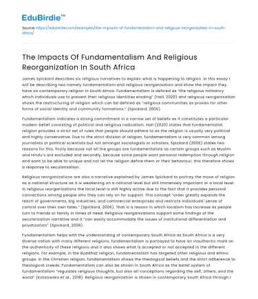 The Impacts Of Fundamentalism And Religious Reorganization In South Africa