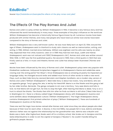 The Effects Of The Play Romeo And Juliet