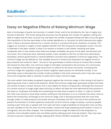 Essay on Negative Effects of Raising Minimum Wage