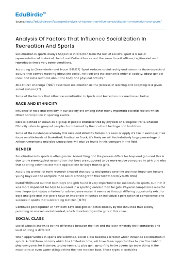 Analysis Of Factors That Influence Socialization In Recreation And Sports
