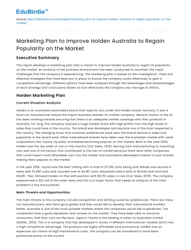 Holden Australia Marketing Plan for Market Popularity