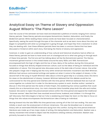 Theme of Slavery and Oppression in “The Piano Lesson”