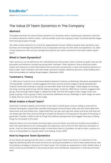 The Value Of Team Dynamics In The Company