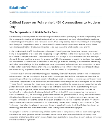 Critical Essay on ‘Fahrenheit 451’ Connections to Modern Day