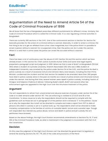 Need to Amend Article 54 of Criminal Procedure Code of 1898