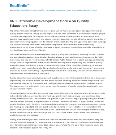 UN Sustainable Development Goal 4 on Quality Education: Essay