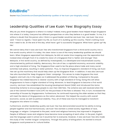 Leadership Qualities of Lee Kuan Yew: Biography Essay