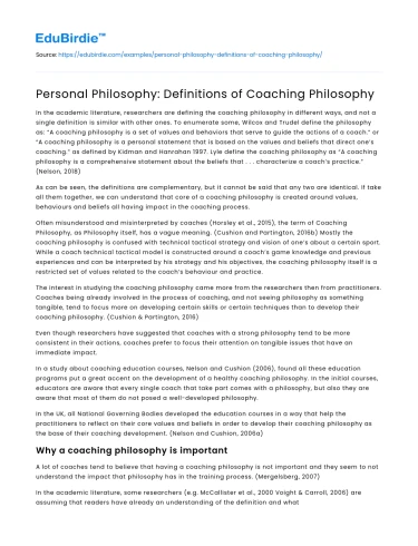 Personal Philosophy: Definitions of Coaching Philosophy