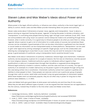 Steven Lukes and Max Weber’s Ideas about Power and Authority