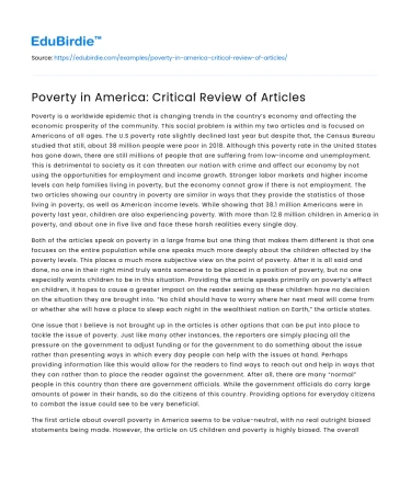 Poverty in America: Critical Review of Articles